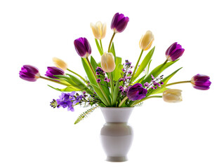 Beautiful bouquet of purple and cream tulips in a white vase isolated on transparent background