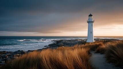 Lighthouse standing on coastal area with grass and ocean at sunset