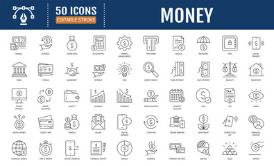Money Line Icon Set. Includes cash, saving,
wallet, transfer, withdrawal and more. Vector
Illustration with Editable Strokes