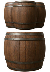 Obraz premium Realistic Image of Brown Wooden Wine Barrels with Metal Hoops Isolated