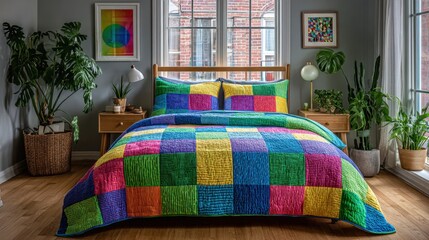 Rainbow Patchwork Quilt on Bed: A vibrant and cheerful patchwork quilt in a rainbow of colors adorns a bed in a bright and airy bedroom, creating a cozy and inviting atmosphere.