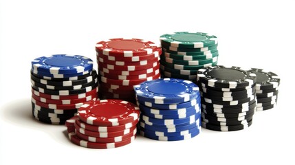 Close up view of casino game table covered with poker chips and playing cards