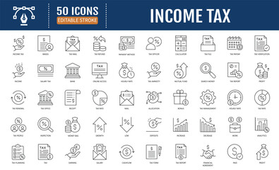 Income Tax Line Icon Set. Includes finance,
economy, investment, income tax, tax amnesty,
savings, and more. Vector Illustration with
Editable Strokes