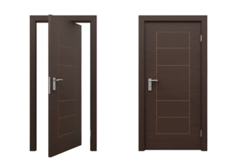 Realistic Image of Open and Closed Brown Wooden Doors on Transparent Background