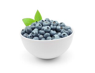 Ripe great blueberry in ceramic bowl isolated on white background