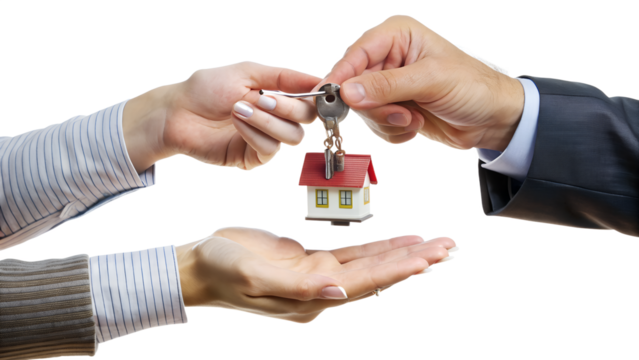 Two hands exchange a key with a house keychain, representing the transfer of property ownership in a real estate transaction isolated on transparent background