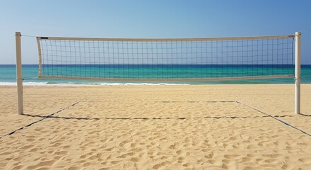 Beach volleyball court with net by the ocean on a bright sunny day. Summer vacation activity and sport concept. Outdoor recreation for holiday.