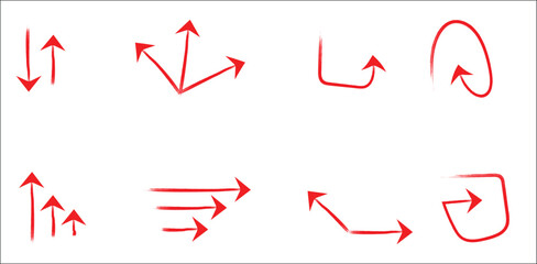Red sketch-style arrow collection on transparent background – multiple direction arrows including up, down, circular, and boxed paths for UI navigation, diagrams, and creative infographic design

