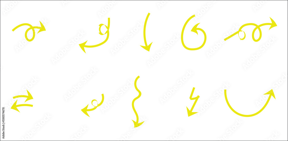 Poster yellow hand-drawn sketch arrow icon set on transparent background – curly, swirly, and zigzag arrows