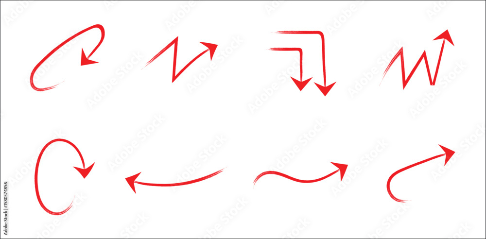 Poster red sketch arrow icon set on transparent background – hand-drawn arrows in various curves, angles, a