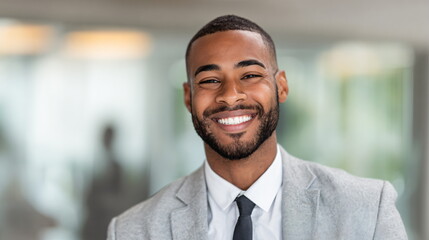 Naklejka premium Close-up portrait of a smiling successful businessman of European appearance in a business suit. Concept of success, finance and investment. Confidently looks into the future.