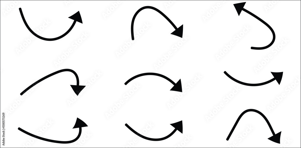 Poster curved directional arrow collection isolated on transparent background – set of bent black arrows fo