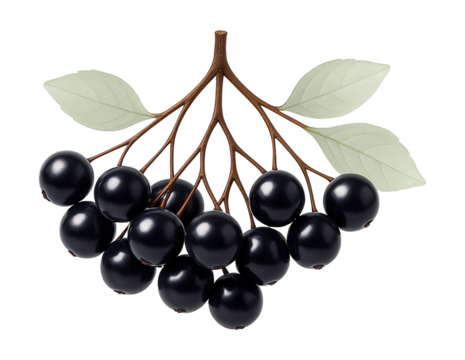 Group of elderberries with a purplish-black sheen and clustered arrangement