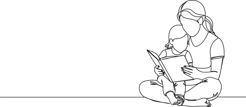 continuous single line drawing of mother looking through a book with young daughter sitting on her lap, line art vector illustration