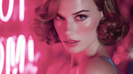Glamorous woman with retro hairstyle posing in pink neon light with glossy lips and shimmering skin
