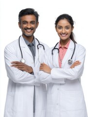 Fototapeta premium Two doctors in white coats with stethoscopes standing together