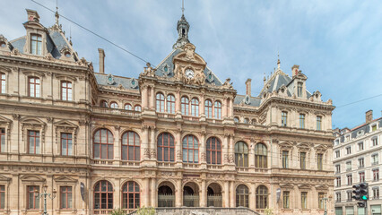 Hyperlapse of Palais de la Bourse or Palais du Commerce front view in the Les Cordeliers quarter,...