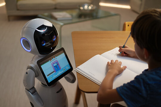 Interactive Learning A Boy Engaged in Homework with the Assistance of a Modern Robot Companion Guiding Through a Digital Learning Interface