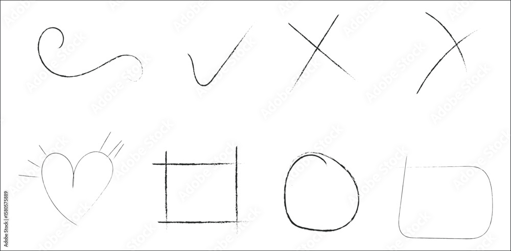 Poster hand drawn pencil sketch icons including heart shapes check marks crosses and geometric figures in m