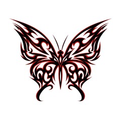Intricate red and black tribal butterfly illustration featuring symmetrical flame-shaped wings on a clean white background, perfect for tattoos, logos, digital art, or decor