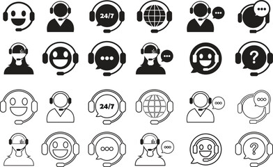 Customer care service and support icon set flat, outline styles. Person avatar with headphone for helpline Pictogram. Call center illustration used in support hotline, communication profession design.