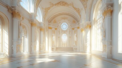 Naklejka premium Elegant white palace grand hall with golden accents and large windows