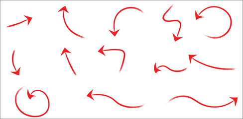 Hand drawn red arrows in different curved sketch styles set isolated for infographic pointer element navigation direction UI marker highlight or minimal design visual concept illustration

