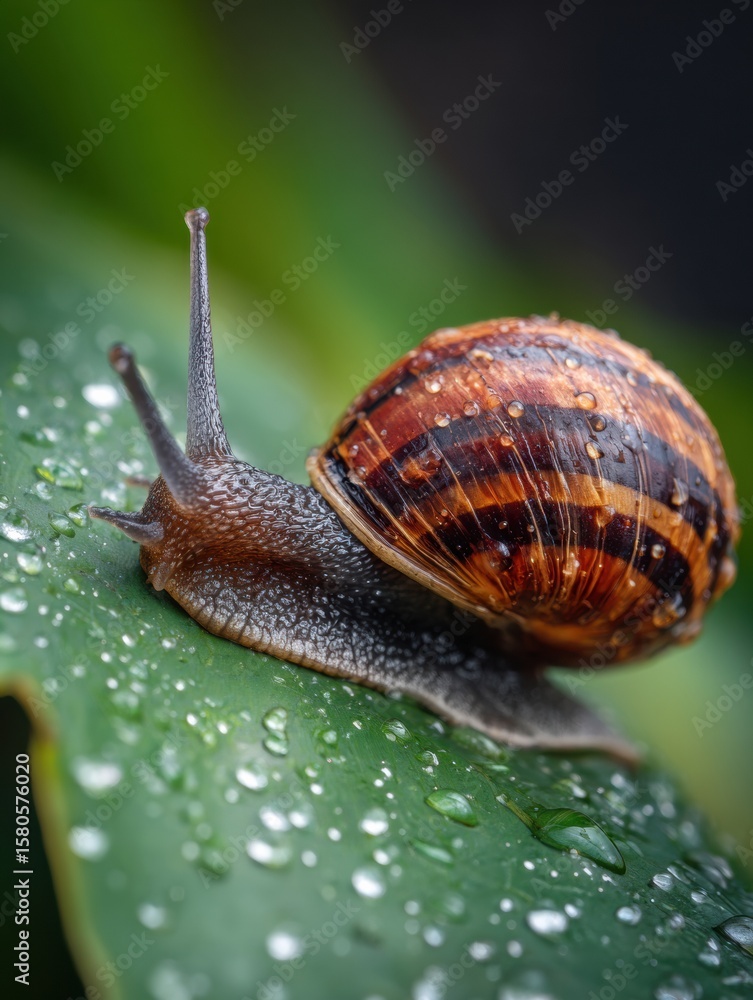 Poster giant african snail gliding on a wet leaf with clear macro detail showcasing its unique shell and te