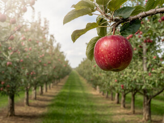 Juicy Red Apple Hanging on Branch in Lush Orchard