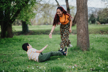 A joyful Filipino mother assists her young child in a vibrant outdoor park setting. Surrounded by...