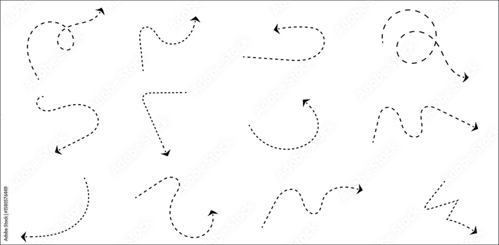 Aufkleber dotted curved arrows collection in hand-drawn black style with loops, zigzags, waves, spirals, and s