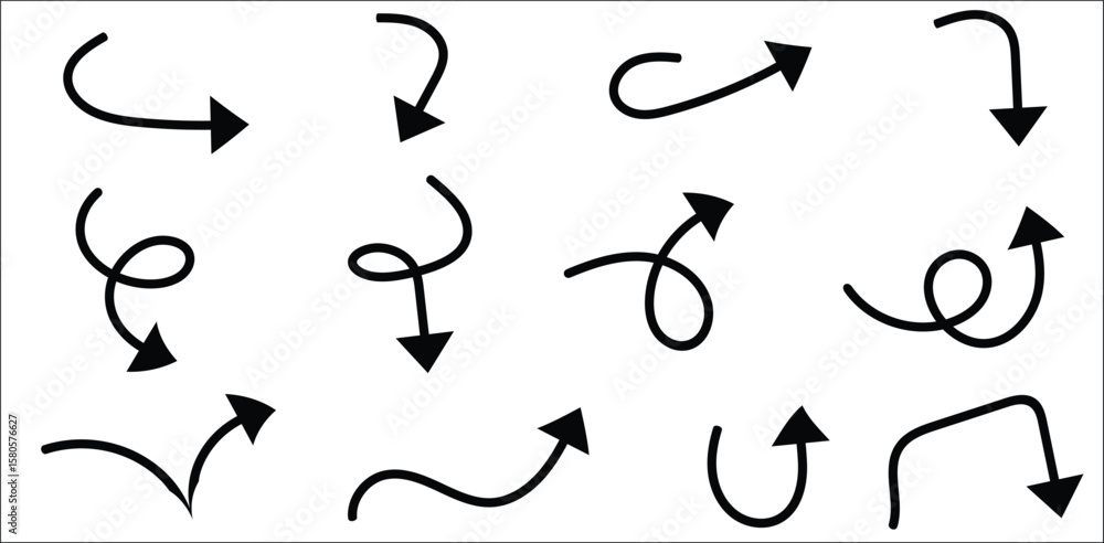 Poster curved and bent hand-drawn arrows set in black with twist, hook, loop, and u-turn styles – sketch ve