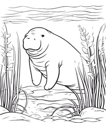 Naklejka premium Coloring book for children Manatee Black and white vector illustration.