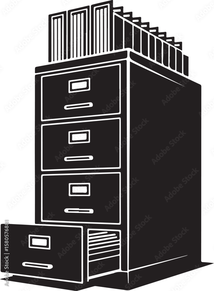 Poster black filing cabinet with open drawer and files white vector
