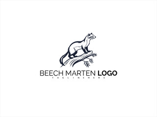 Fototapeta premium Elegant Black and White Logo of a Beech Marten on a Branch. A Refined Vector for Outdoor Branding, Wildlife Packaging, and Eco-Friendly Product Identity.