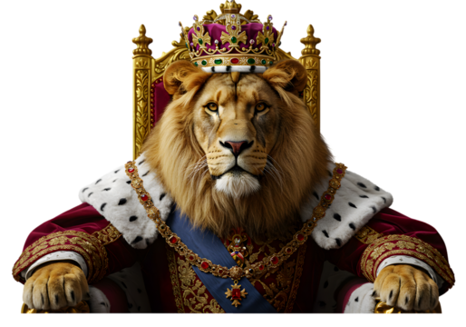 Regal Lion King with Golden Crown on Throne Animal Isolated PNG
