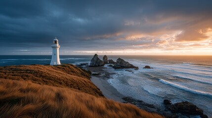 Lighthouse standing on coastal cliff with dramatic sky during sunset