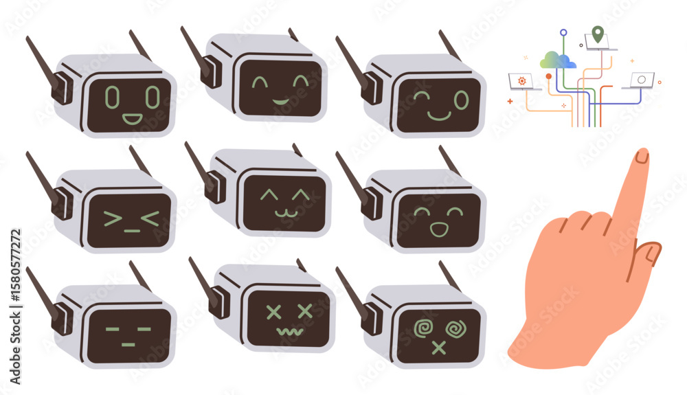Poster robots with expressive face screens showing emotions alongside a hand pointing at a smart digital in