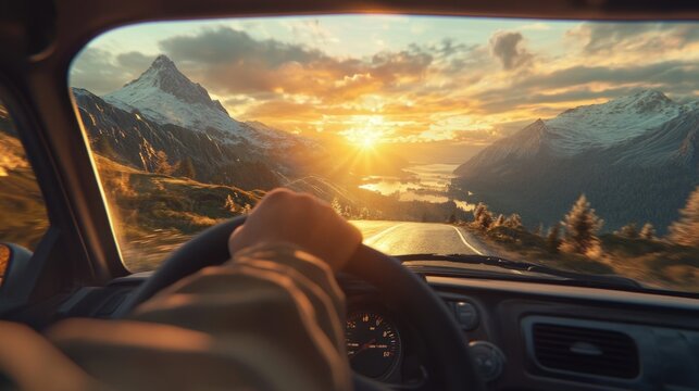 Hand holding car steering wheel on mountain road trip
