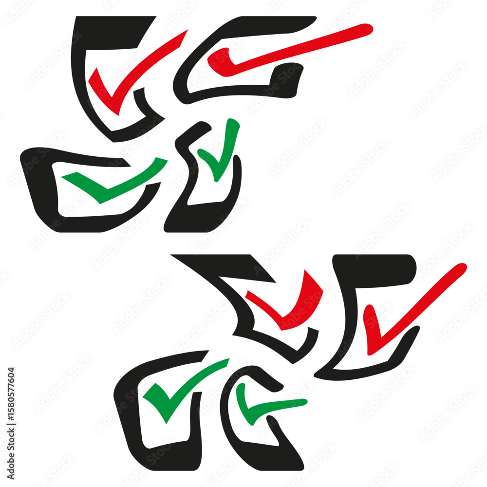Poster abstract checkbox icons. distorted checkmarks. red green choices. vector artistic shapes.