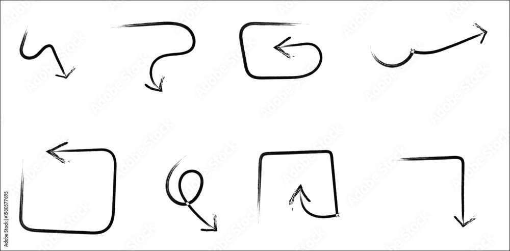 Poster black hand-drawn curved arrows on transparent background – sketch-style directional arrows with loop
