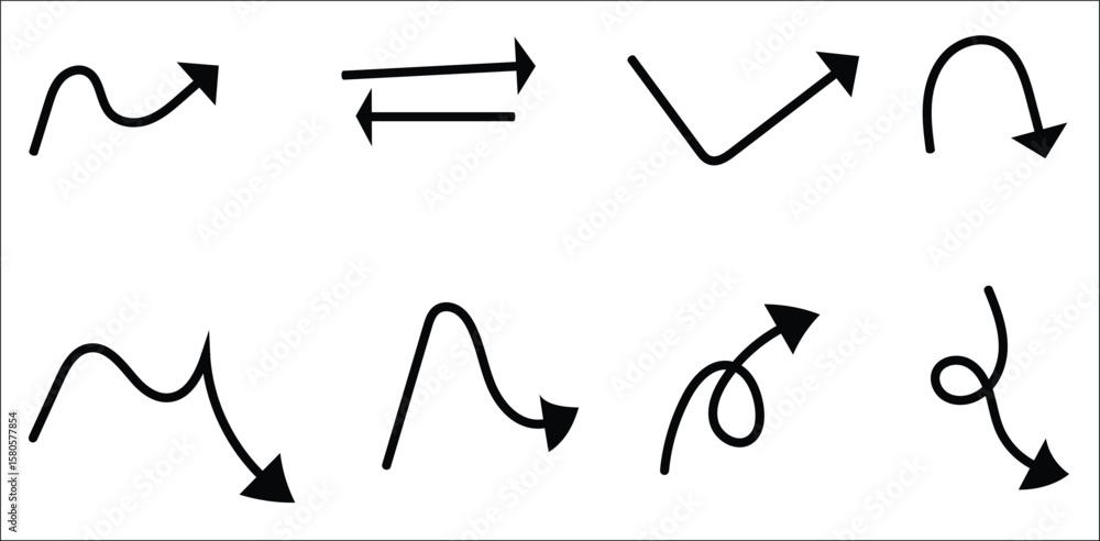 Poster black hand-drawn wavy and curved arrows on transparent background – bold sketch arrow icons with loo