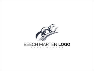 Black and White Beech Marten Logo in Minimalist Vector Style. Ideal for Environmental Product Branding, Wildlife Identity, and Clean Nature-Focused Packaging.

