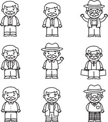 Collection of cute cartoon illustrations depicting stylish men with mustaches in different outfits
