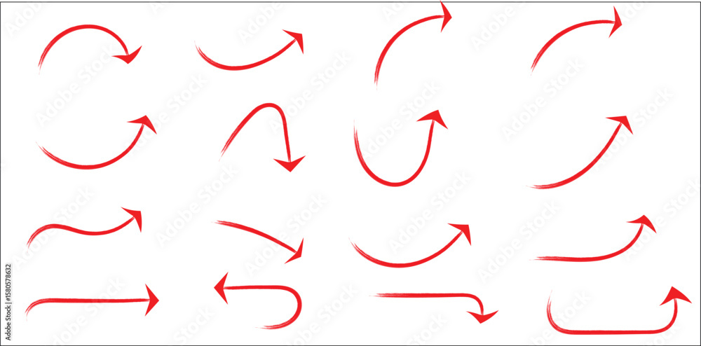 Poster red curved arrows set on transparent background – hand-drawn sketch arrow collection with bends, loo