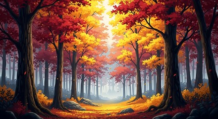 Autumnal forest path with vibrant foliage