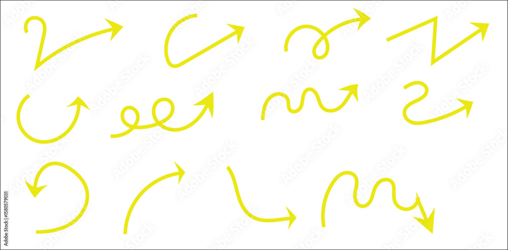 Aufkleber yellow curved hand-drawn arrows on transparent background – abstract marker-style arrow collection w