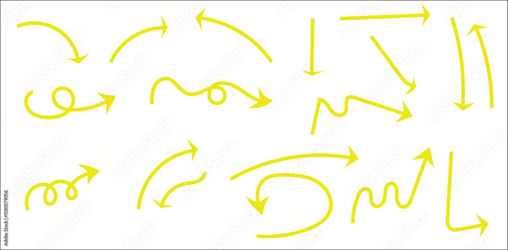 Poster curved yellow marker arrow set on transparent background – hand-drawn sketchy arrows collection with