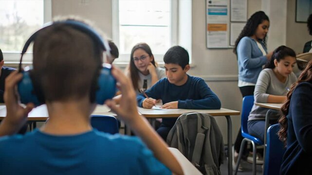 Video footage of an autistic child with hypersensitivity wears blue headphones in a classroom setting to manage sensory overload promoting inclusion and learning support - Powered by Adobe