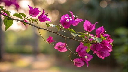 Obraz premium Vibrant Close-Up of Blooming Magenta Bougainvillea Flowers with Green Leaves